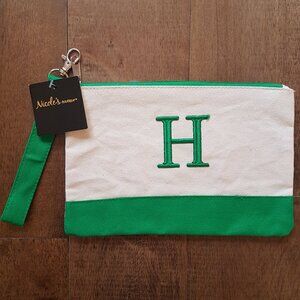 “H” Letter Embroidered Kelly Green Monogrammed Canvas Wristlet 9 in x 6 in